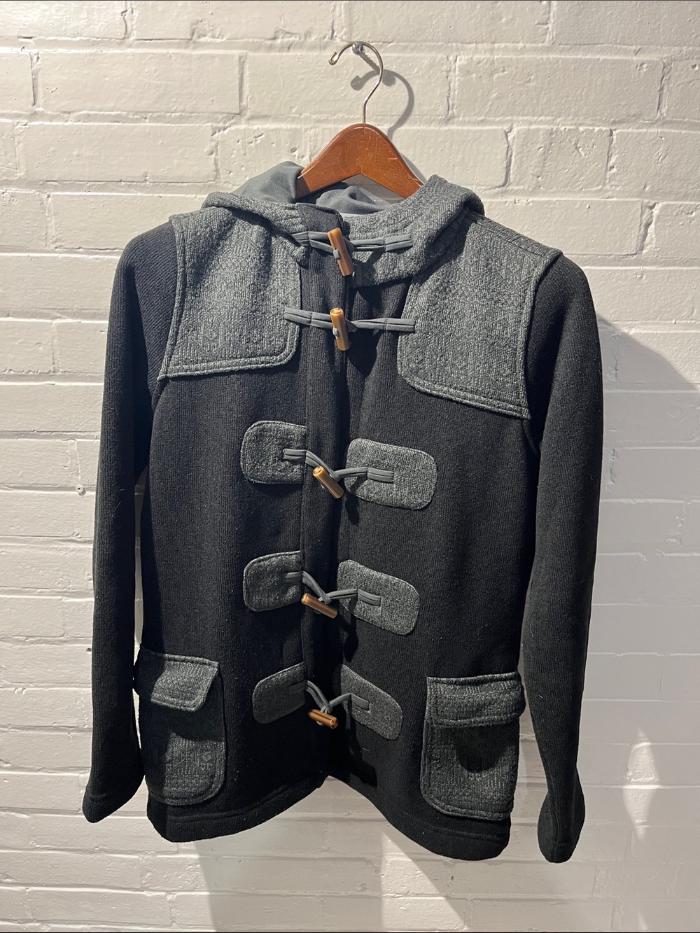 Patagonia Black Hooded Toggle Pea Coat with Gray Trim